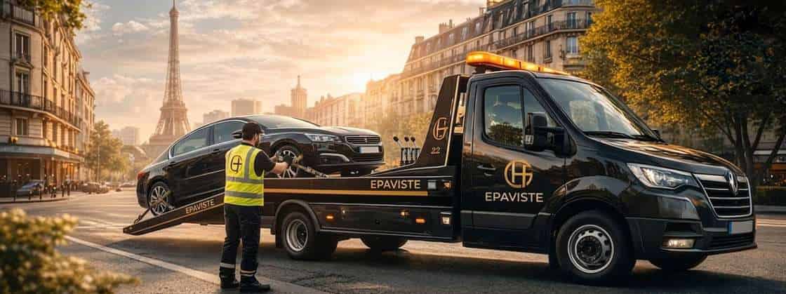 Camion épaviste enlevant une voiture pour enlèvement d'épave gratuit en Île-de-France
